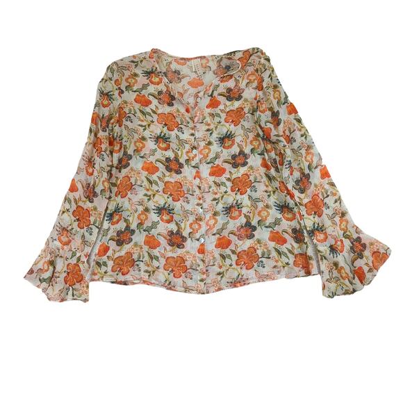 Raga Tops - Raga Bell Sleeve Button-down Top Women's Small Vintage Floral Beige Gold Stripes